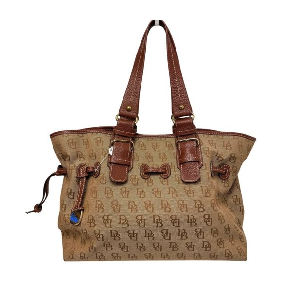 Dooney & Bourke Jacquard Logo Canvas & Leather Cinch Top Snap Close Tote Brown - Picture 1 of 7